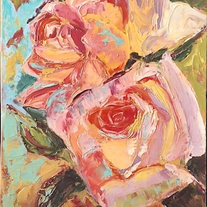 Roses roses petite peinture à l'huile sur panneau dur fleurs abstraites décoration murale image de texture 3D art floral moderne cadeau pour femme roses en fleurs