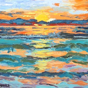 Coucher de soleil tropical sur la mer Peinture à l'huile originale sur panneau dur Art de texture 3D Décoration murale nautique moderne Image d'océan lumineuse et colorée Art de paysage marin