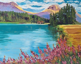 Natura dell'Alaska, dipinto a olio su tela, arte originale, prato di fiori selvatici, immagine con texture 3D, arte murale su lago di montagna, opera d'arte di paesaggio estivo