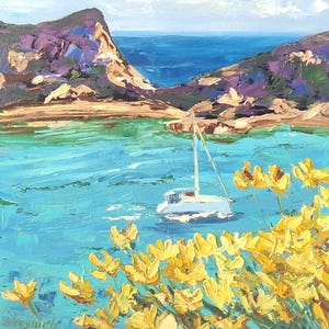 Plage méditerranéenne Peinture à l'huile originale sur panneau dur Voilier en mer Décoration murale à texture 3D Peinture paysage marin Art du port tranquille Baie de la mer