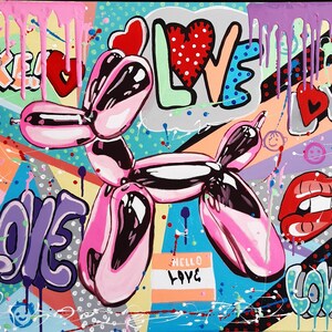Balloon Dog Original Acrylic Painting Canvas Graffiti wall decor Modern youth picture Inflatable dog Gift for teenager Funky kitsch pop art