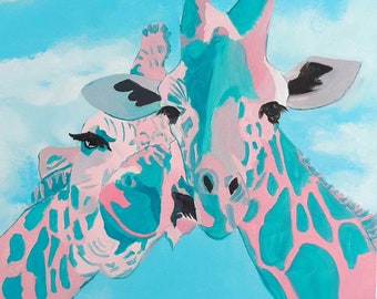 Coppia di giraffe Dipinto a olio originale su tela Amore pop art Arte murale moderna Arte animale africana Coppia divertente giraffa Animale dello zoo Immagine per cameretta