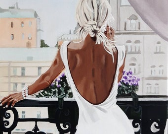 Girl on balcony Original acrylic painting canvas Woman back view art Elegant lady drinking coffee picture Cityscape art Modern wall decor