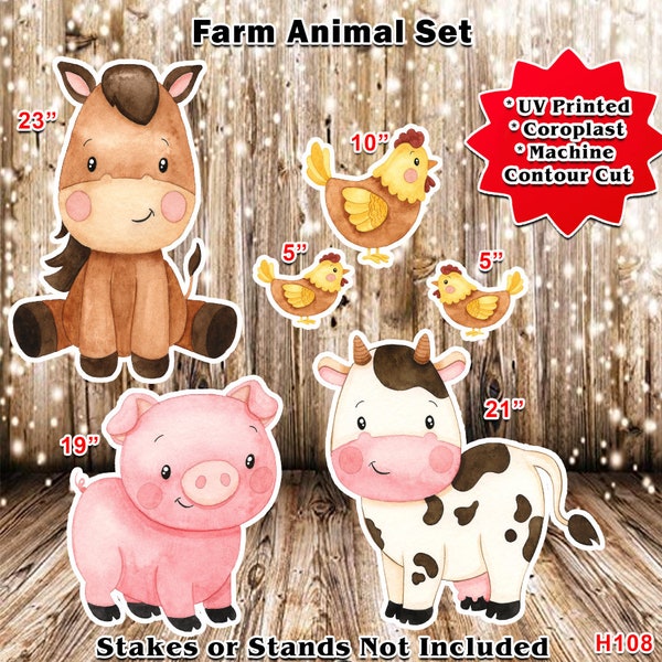 6 Piece Farm Animals Set Party Prop, Yard Display, Coroplast, Contour Machine Cut, UV Printed H108