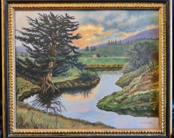 Original Acrylic Landscape Painting "Deep Roots, Peaceful Waters" Inspired by New Zealand by Pacific Northwest American Artist. Traditional.