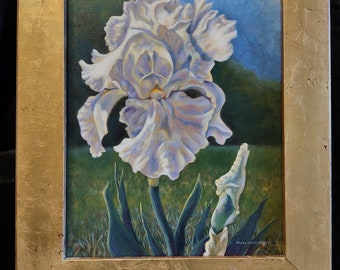 Acrylic Painting Traditional. White Iris Impressionist Color Original Painting Gold Leaf Frame