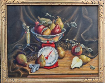 Acrylic Painting Traditional. Pear Sauce. Original Art. Acrylic Painting. Restored Antique Frame. Traditional Still Life. Realism.