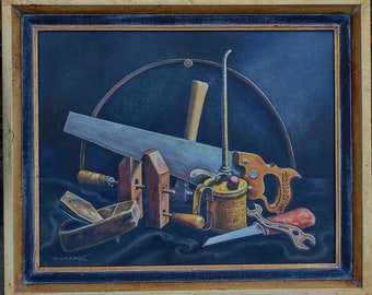 Acrylic Painting Traditional. Working With Our Hands. Original Painting. A Still Life With Antique Tools.