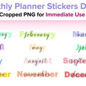 Pre-Cropped Digital Monthly Planner Stickers, PNG Stickers, Digital Stickers, Printable Stickers, Digital Planner Stickers, Month PNG