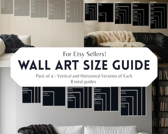 May include: Image of a wall art size guide for Etsy sellers. The guide includes vertical and horizontal versions, with size ratios such as 2:3, 4:5, and ISO A1-A4. The text "WALL ART SIZE GUIDE" is prominently displayed.