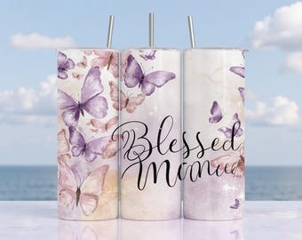 Blessed Mama Tumbler Wrap: Purple Watercolor Butterflies Design (PNG Digital Download)