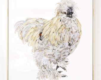 May include: A watercolor painting of a white Silkie chicken with a fluffy, feathery body. The chicken is standing on a white background.