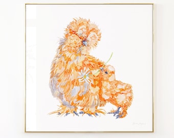 Aquarell Silkie Huhn Mama und Küken Kunstdruck