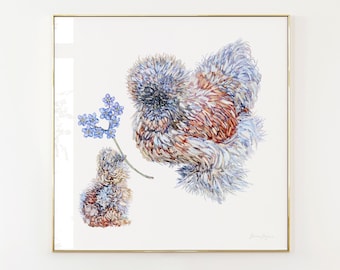 Silkie Huhn Aquarell Kunstdruck: Blümen Huhn Mama Geschenk