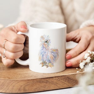 White Silkie Chicken Mug - 11oz ceramic coffee cup printed with a watercolour chicken painting, the lovely gift for silkie moms