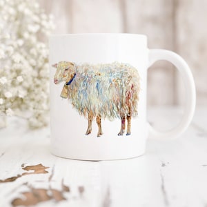 Watercolor Sheep Mug: Illustrated Ceramic Coffee Cup, Farmhouse Gift