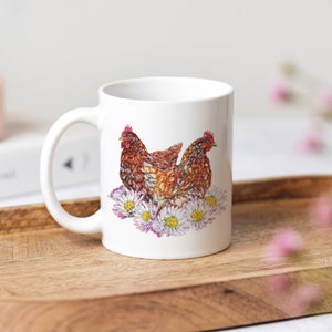 Floral Red Hens Chicken Mug - 11oz ceramic coffee cup printed with watercolour chickens and daisy flowers, a lovely gift for chicken moms!