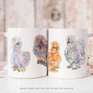 Fluffy Silkie Chicken Mug with a choice of coloured handles - pink, yellow or blue - the perfect gift for silkie mamas!