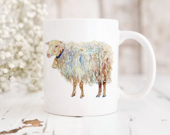 Watercolor Sheep Mug: Illustrated Ceramic Coffee Cup, Farmhouse Gift