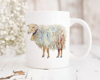 Illustrated Ceramic Sheep Mug - 11oz coffee cup printed with a watercolour sheep painting, a lovely gift for farmers and shepherds