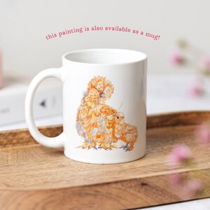 A painting of the silkie chickens printed onto a white ceramic mug.