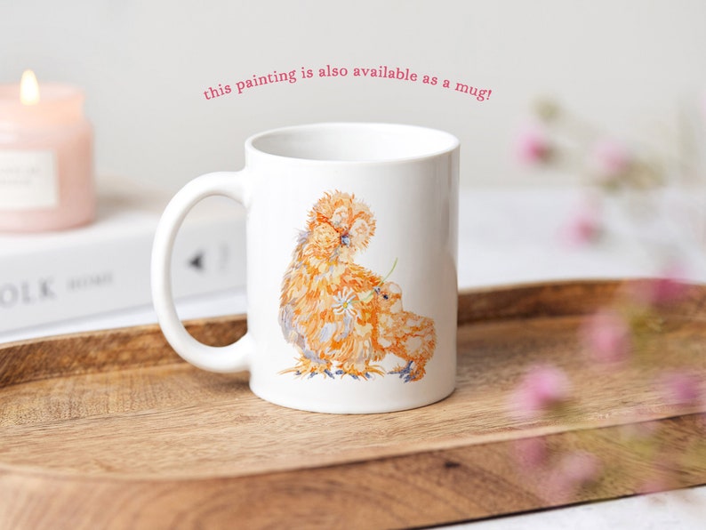 A painting of the silkie chickens printed onto a white ceramic mug.