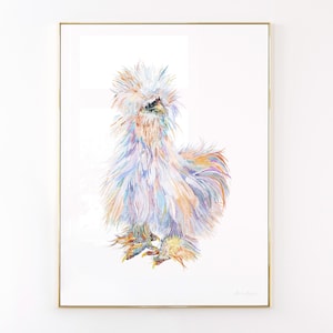 Watercolour Silkie Chicken Art Print - Colourful fluffy white chicken art