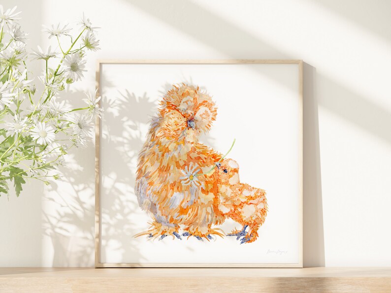 A print of a watercolour illustration of a buff  silkie chicken and her chick holding a daisy framed next to a pretty bunch of daisies.