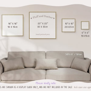 An image showing the available frame sizes together above a neutral couch. The text reads Frames are shown as a display guide only, and are not included in the sale.