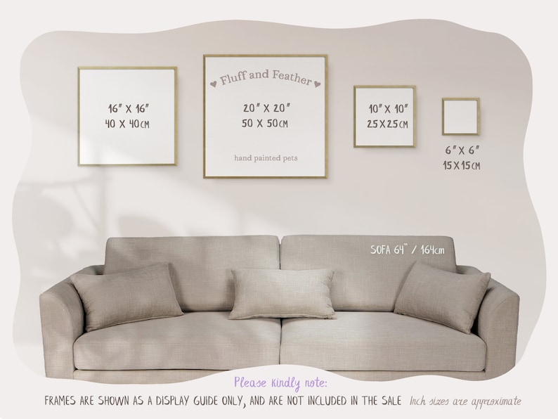 An image showing the available frame sizes together above a neutral couch. The text reads Frames are shown as a display guide only, and are not included in the sale.