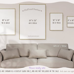 An image showing the available frame sizes together above a neutral couch. The text reads Frames are shown as a display guide only, and are not included in the sale.