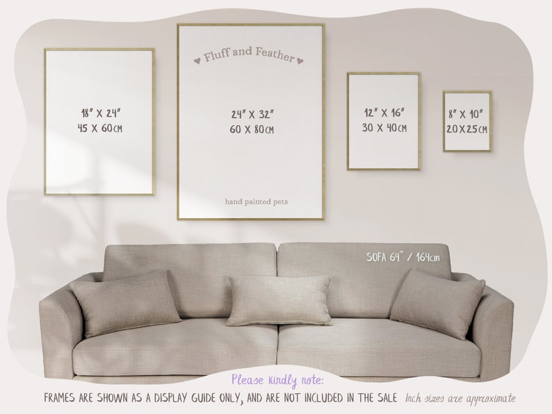 An image showing the available frame sizes together above a neutral couch. The text reads Frames are shown as a display guide only, and are not included in the sale.