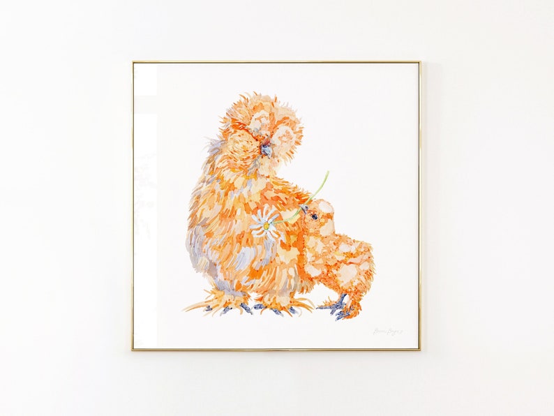 Aquarell Silkie Huhn Mama und Küken Kunstdruck Bild 1