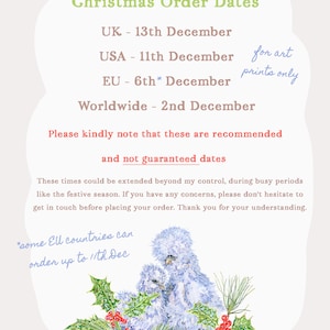 May include: Christmas order dates for the UK, USA, EU, and worldwide. The dates are recommended and not guaranteed. The text also states that some EU countries can order up to the 11th of December. The image features a watercolor illustration of three blue birds with red berries and pine needles.