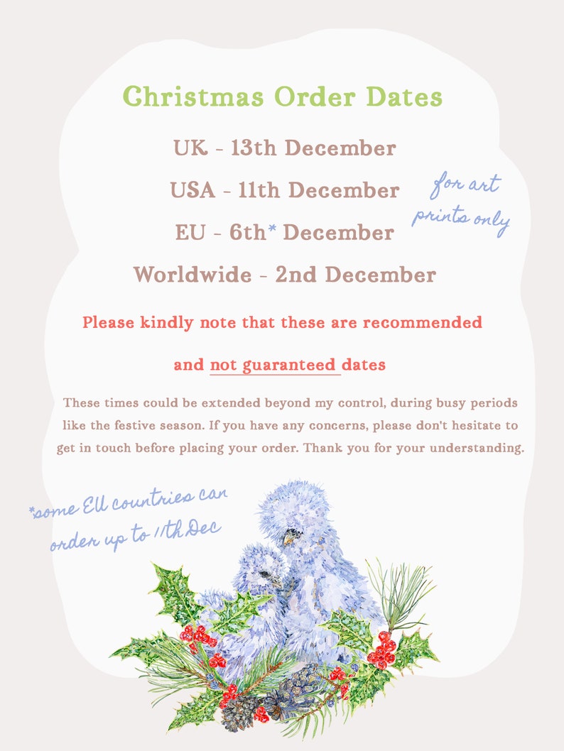 May include: Christmas order dates for the UK, USA, EU, and worldwide. The dates are recommended and not guaranteed. The text also states that some EU countries can order up to the 11th of December. The image features a watercolor illustration of three blue birds with red berries and pine needles.