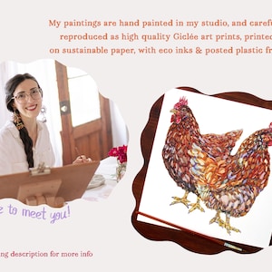 A photo of the artist painting in her studio is shown alongside a painting of two rhode island red hens. The text reads My paintings are hand painted in my studio and reproduced as high quality Giclee Prints on sustainable paper with eco inks.