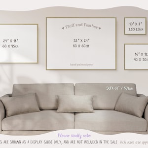 An image showing the available frame sizes together above a neutral couch. The text reads Frames are shown as a display guide only, and are not included in the sale.