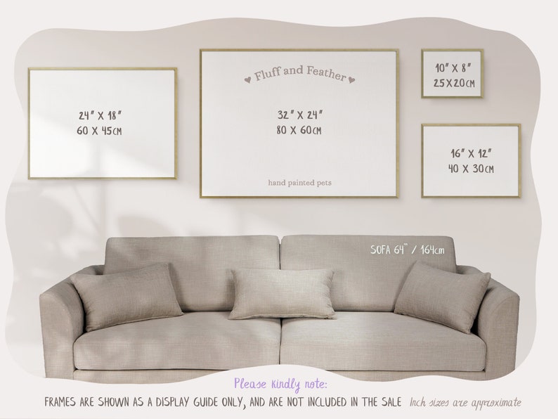 An image showing the available frame sizes together above a neutral couch. The text reads Frames are shown as a display guide only, and are not included in the sale.