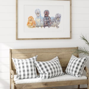A print of four beautiful silkie chickens painted in watercolour. The illustration shows a variety of silkie colours and is framed in a sunny farmhouse entryway.