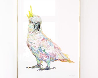 May include: A watercolor painting of a white cockatoo with a yellow crest. The bird is depicted in a standing position with its head turned to the side. The painting is done in a colorful style with shades of pink, blue, and green.