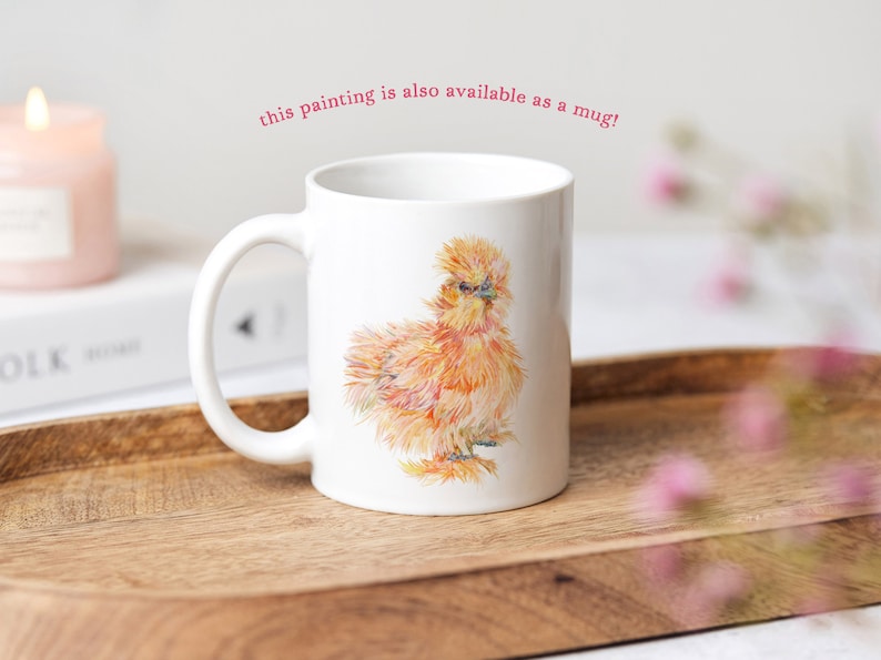 A painting of the silkie chickens printed onto a white ceramic mug.