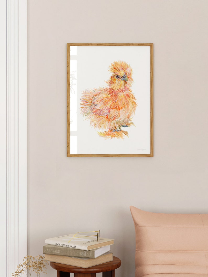 A print of a watercolour illustration of a buff orange coloured silkie chicken chick framed in a cosy living room.