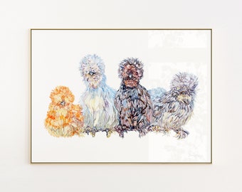 Watercolour Silkie Chicken Flock Art Print - Beautiful hand painted design and the perfect gift for chicken moms and silkie mamas!