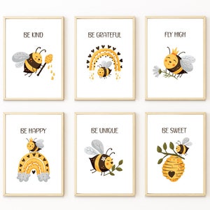 Bee Prints Nursery Wall Art Neutral Nursery Decor for Girl Nursery Set of 6 Prints for Boy Bee Nursery Decor Gender Neutral Nursery