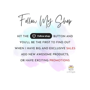 Może przedstawiać: Białe tło z napisem "Follow My Shop" w odręcznej czcionce. Obraz zachęca widz&oacute;w do kliknięcia przycisku "Follow shop", aby jako pierwsi dowiedzieć się o wyprzedażach, nowych produktach i promocjach.