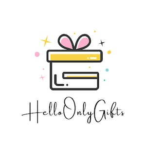 May include: A yellow gift box with a pink bow and a white background. The text "Hello Only Gifts" is written in black below the box.