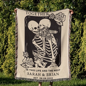 Personalized Skeleton Couple Woven Blanket, Husband Valentines Day Gift For Him, Skeleton Blanket, Gift For Couple, Custom Housewarming Gift