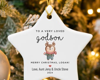 Godson Ornament, Personalized Star Ornament For Godson, Godson Reindeer Christmas Gifts From Godparents, Gift From Godmother & Godfather