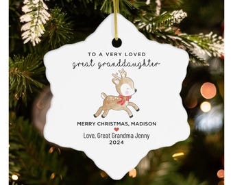 Personalized Great Granddaughter Snowflake Porcelain Ornament, Custom Christmas Gift From Great Grandma, Kids Cute Reindeer Ceramic Ornament