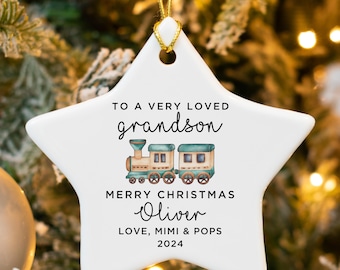 Cute Grandson Ornament, Personalized Grandson Christmas Gift From Grandparents, Train Ilustration Kids Ornament, Gift From Grandma & Grandpa
